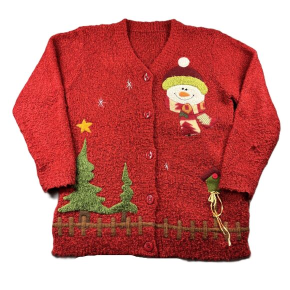 Women Chenille Sweater Cardigan Christmas Snowman Santa Winter Red L/XL I189 - Picture 1 of 11